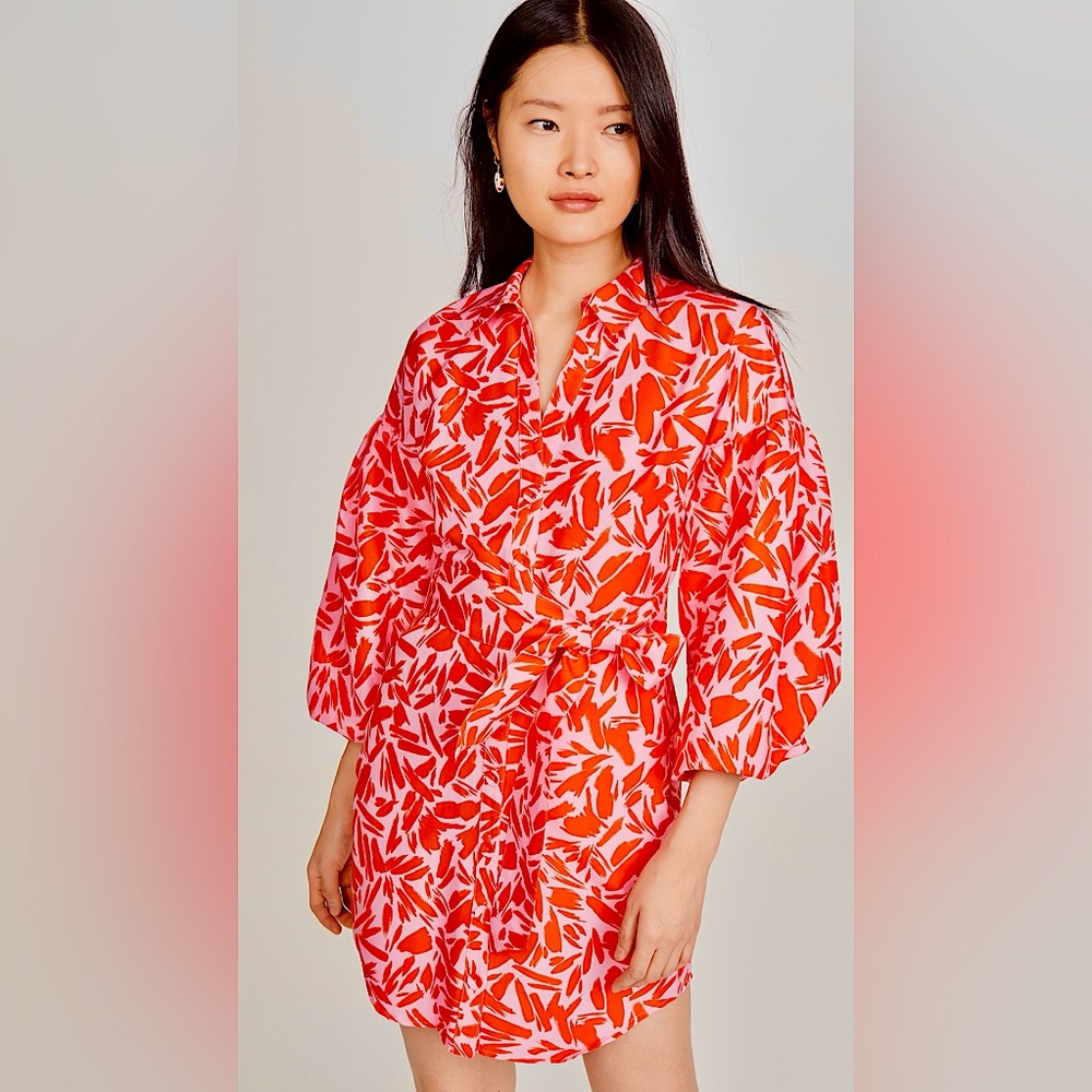 NWT Veronica Beard Samy Red & Pink Shirt Dress Size 0 Pockets Puff Sleeves